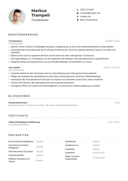 Lebenslauf-Muster für Tischabräumer*in
