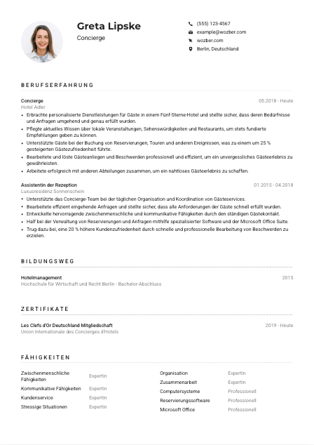 Lebenslauf-Muster für Concierge
