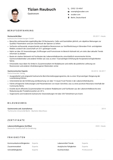 Lebenslauf-Muster für Gastronom*in