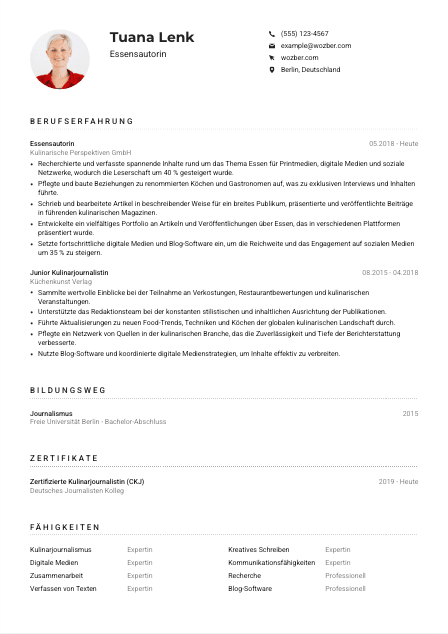 Lebenslauf-Muster für Essensautor*in