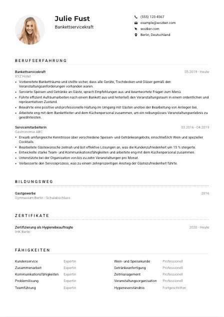 Lebenslauf-Muster für Bankettservicekraft