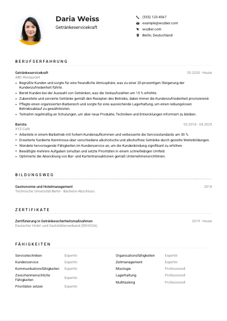 Lebenslauf-Muster für Getränkeservicekraft
