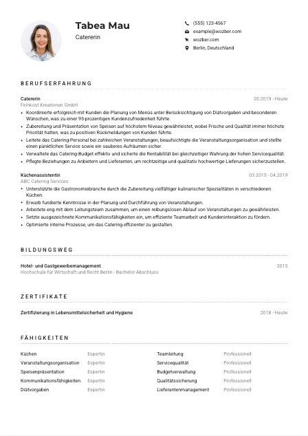 Lebenslauf-Muster für Caterer