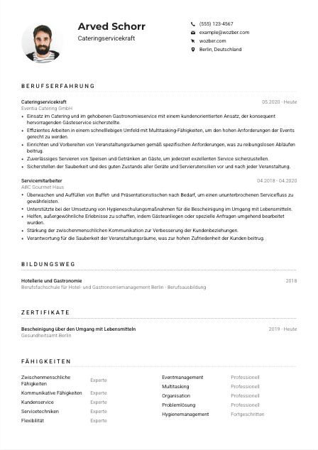 Lebenslauf-Muster für Cateringservicekraft