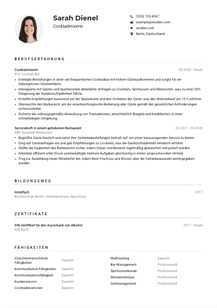 Lebenslauf-Muster für Cocktailmixer*in