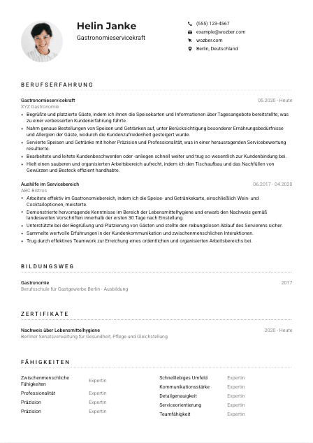 Lebenslauf-Muster für Gastronomieservicekraft