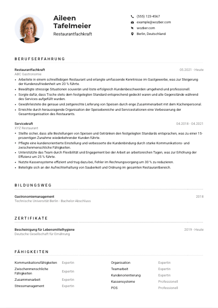 Lebenslauf-Muster für Restaurantfachkraft