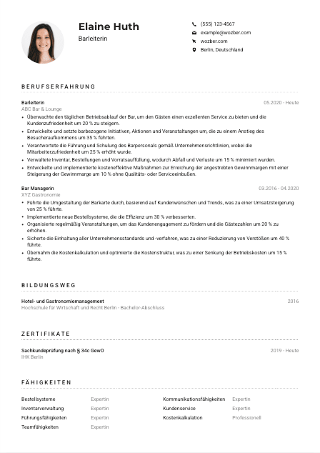 Lebenslauf-Muster für Barleiter*in