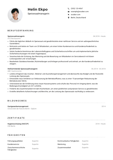 Lebenslauf-Muster für Speisesaalmanager*in