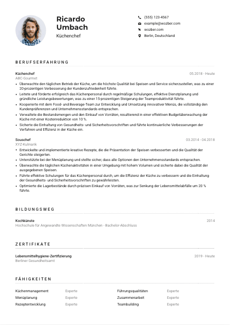 Lebenslauf-Muster für Küchenchef*in