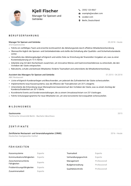 Lebenslauf-Muster für Manager*in für Speisen und Getränke
