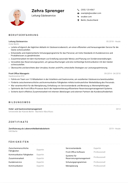 Lebenslauf-Muster für Leitung Gästeservice