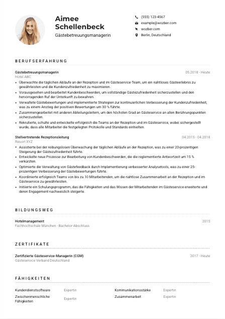Lebenslauf-Muster für Gästebetreuungsmanager*in
