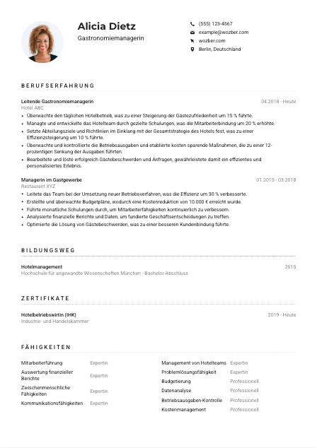 Lebenslauf-Muster für Gastronomiemanager*in