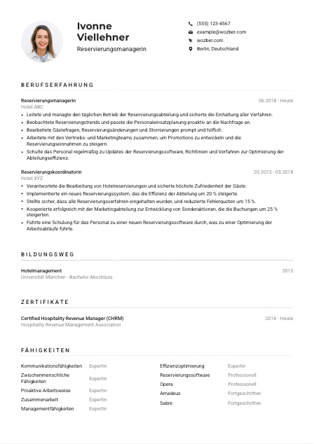 Lebenslauf-Muster für Reservierungsmanager*in