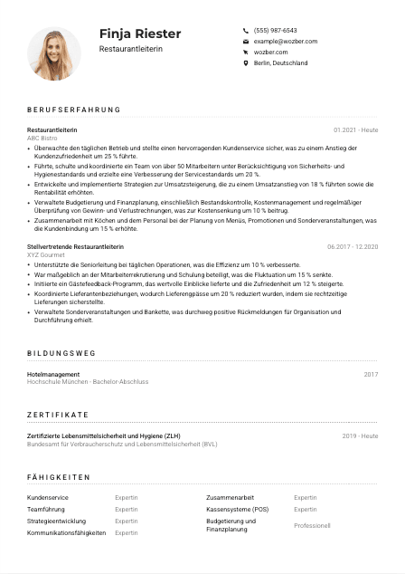 Lebenslauf-Muster für Restaurantleiter*in