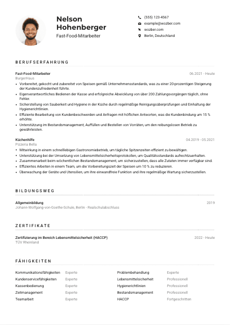 Lebenslauf-Muster für Fast-Food-Mitarbeiter*in