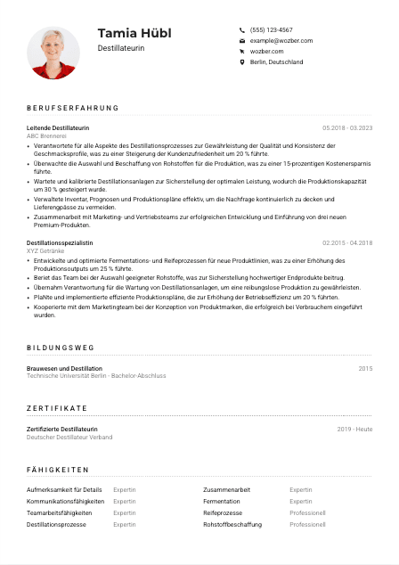 Lebenslauf-Muster für Destillateur*in