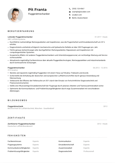 Lebenslauf-Muster für Fluggerätmechaniker*in