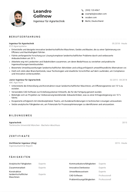 Lebenslauf-Muster für Ingenieur*in für Agrartechnik