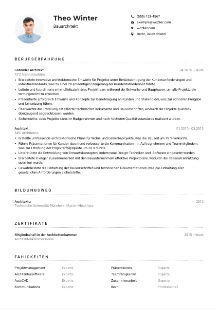 Lebenslauf-Muster für Bauarchitekt*in