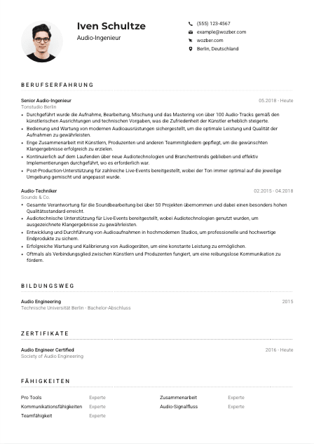 Lebenslauf-Muster für Audio-Ingenieur*in