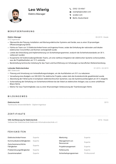 Lebenslauf-Muster für Elektro-Manager*in