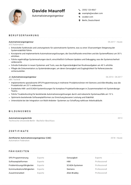 Lebenslauf-Muster für Automatisierungsingenieur*in