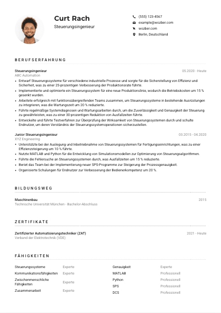 Lebenslauf-Muster für Steuerungsingenieur*in
