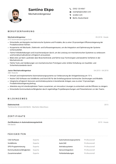 Lebenslauf-Muster für Mechatronikingenieur*in