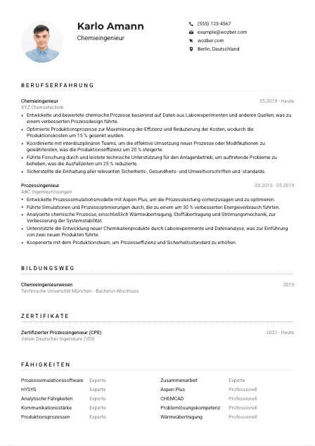 Lebenslauf-Muster für Chemieingenieur*in