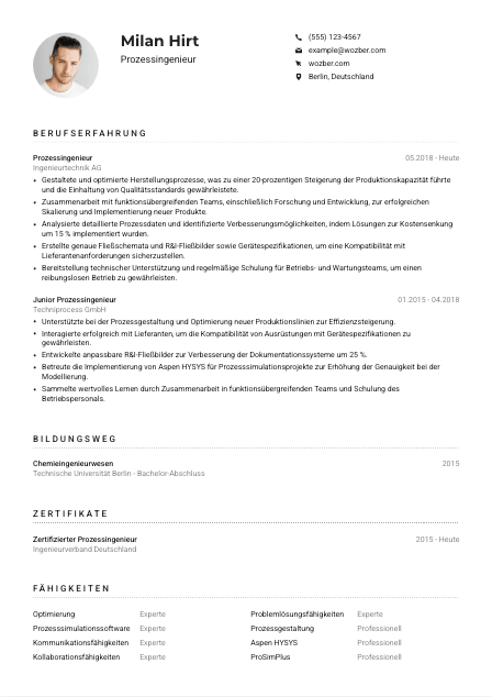 Lebenslauf-Muster für Prozessingenieur*in