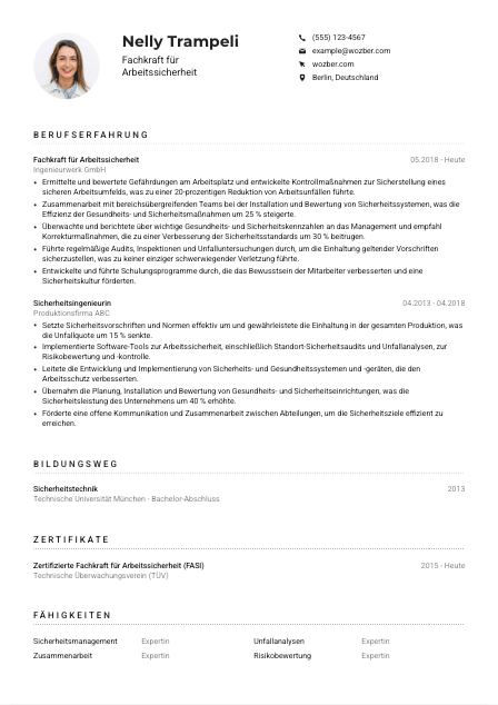 Lebenslauf-Muster für Fachkraft für Arbeitssicherheit