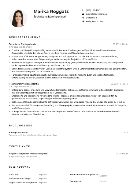 Lebenslauf-Muster für Technische*r Büroingenieur*in