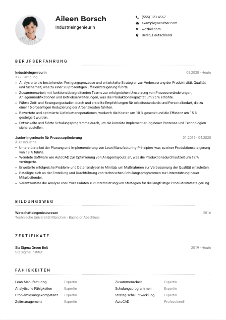 Lebenslauf-Muster für Industrieingenieur*in