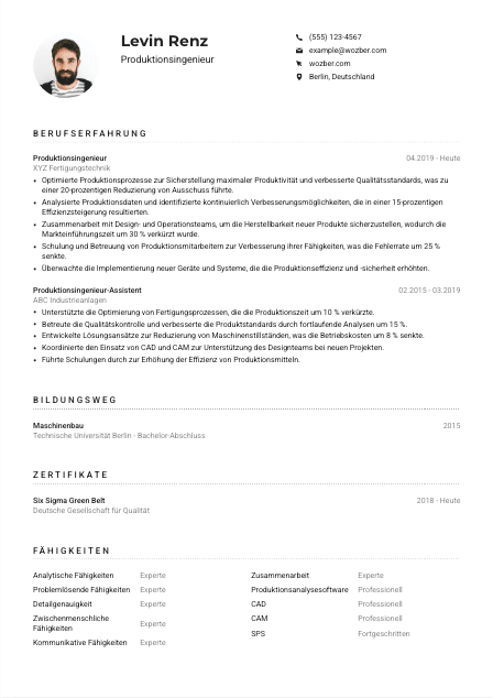 Lebenslauf-Muster für Produktionsingenieur*in