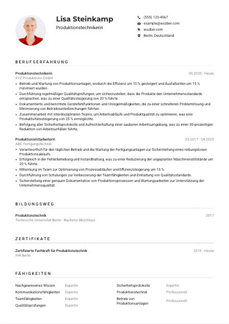 Lebenslauf-Muster für Produktionstechniker*in