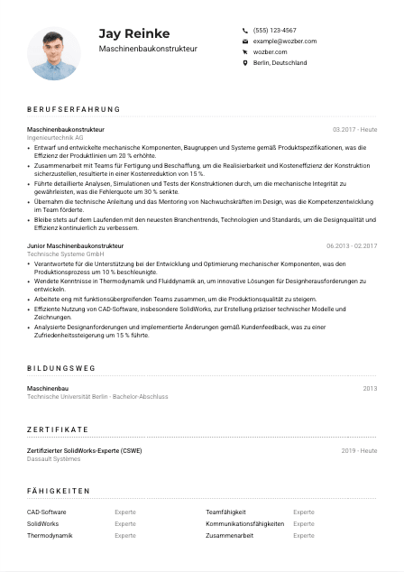 Lebenslauf-Muster für Maschinenbaukonstrukteur*in