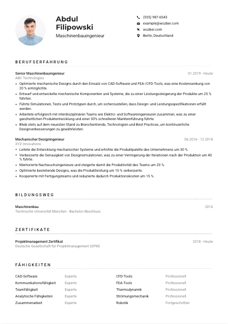 Lebenslauf-Muster für Maschinenbauingenieur*in