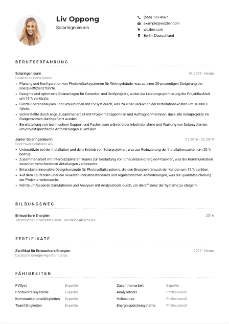 Lebenslauf-Muster für Solaringenieur*in