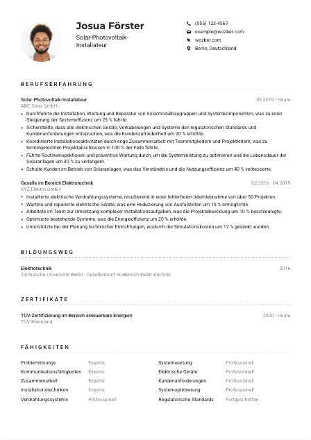 Lebenslauf-Muster für Solar-Photovoltaik-Installateur*in