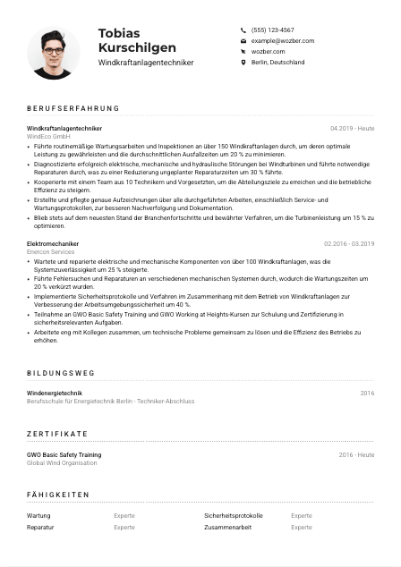 Lebenslauf-Muster für Windkraftanlagentechniker*in
