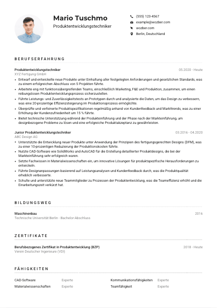 Lebenslauf-Muster für Produktentwicklungstechniker*in