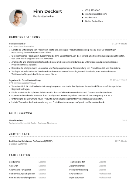 Lebenslauf-Muster für Produkttechniker*in