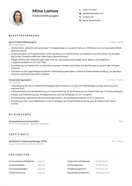 Lebenslauf-Muster für Fördermittelmanager*in