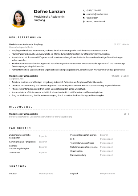 Lebenslauf-Muster für Medizinische*r Assistent*in Empfang