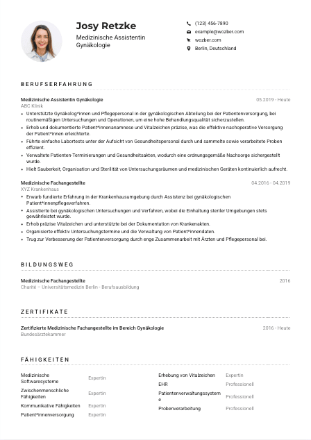 Lebenslauf-Muster für Medizinische*r Assistent*in Gynäkologie