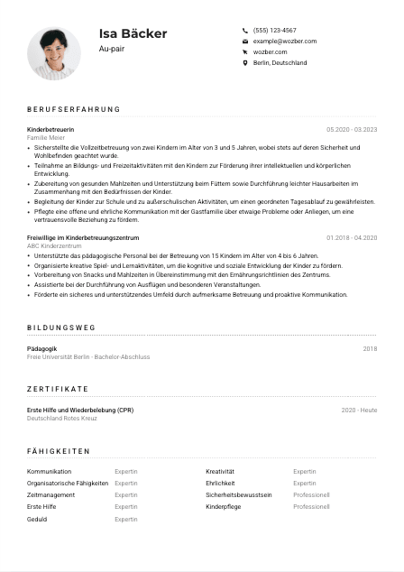 Lebenslauf-Muster für Au-pair