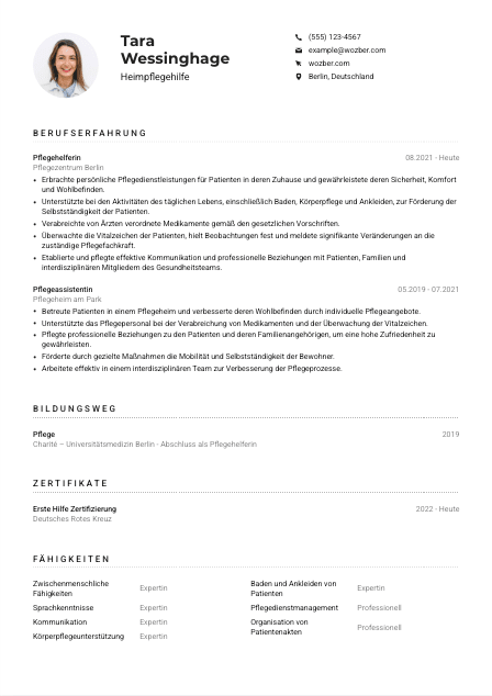 Lebenslauf-Muster für Heimpflegehilfe