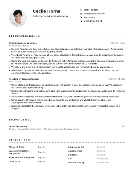 Lebenslauf-Muster für Patientenservicemitarbeiter*in